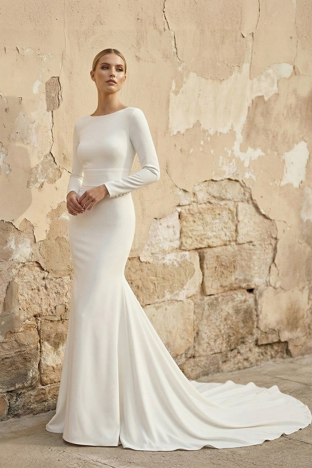Mermaid Long Sleeves Satin Wedding Dress in Ivory - SHE IS ME Wedding Dresses