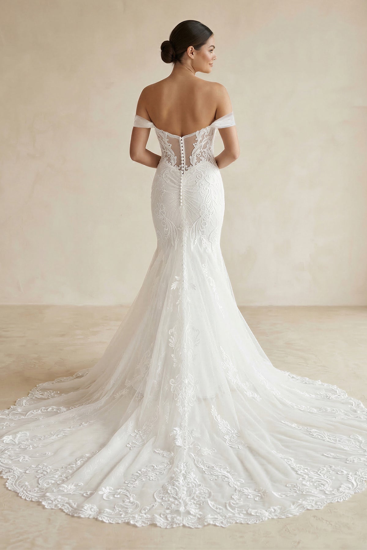 Mermaid Off - the - Shoulder Appliqued Lace Wedding Dress in White - SHE IS ME Wedding Dresses