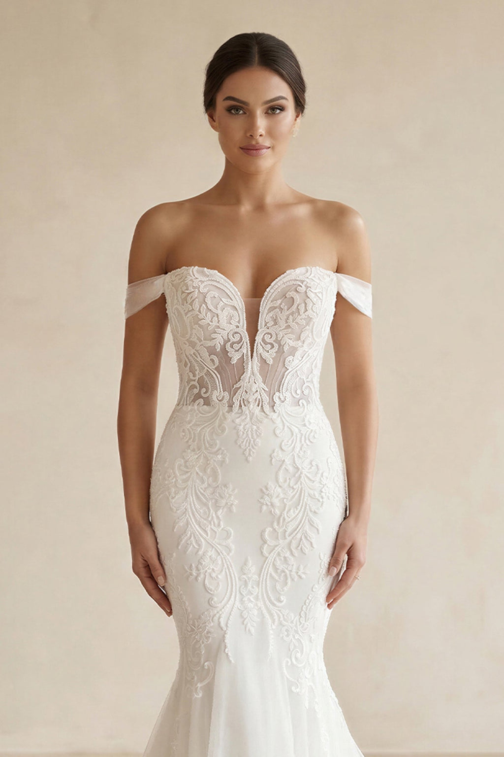 Mermaid Off - the - Shoulder Appliqued Lace Wedding Dress in White - SHE IS ME Wedding Dresses