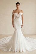 Mermaid Off - the - Shoulder Appliqued Lace Wedding Dress in White - SHE IS ME Wedding Dresses