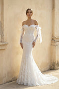 Mermaid Off The Shoulder Lace Wedding Dress in White and Nude - SHE IS ME Wedding Dresses
