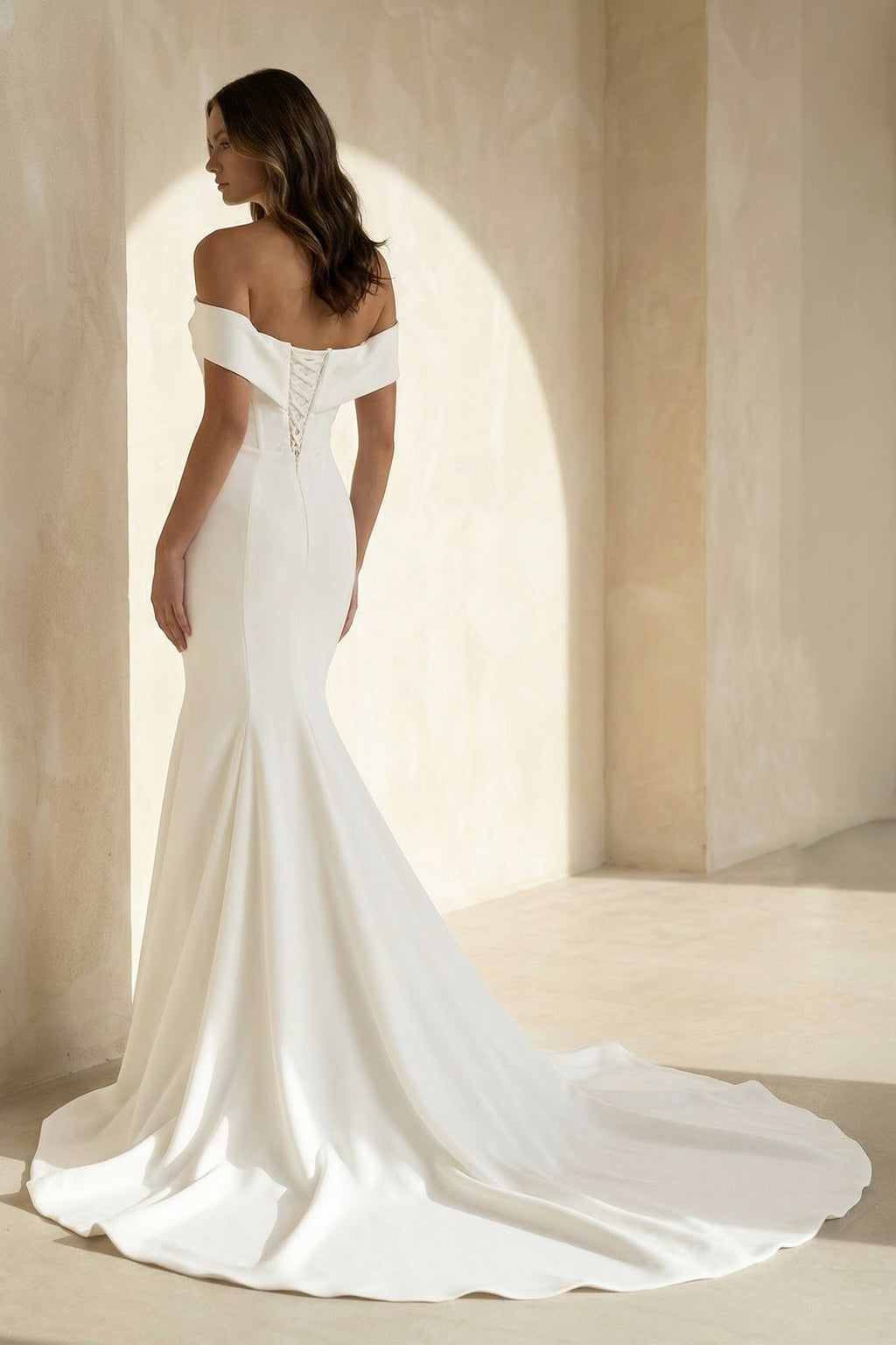 Mermaid Off - the - Shoulder Satin Wedding Dress - SHE IS ME Wedding Dresses