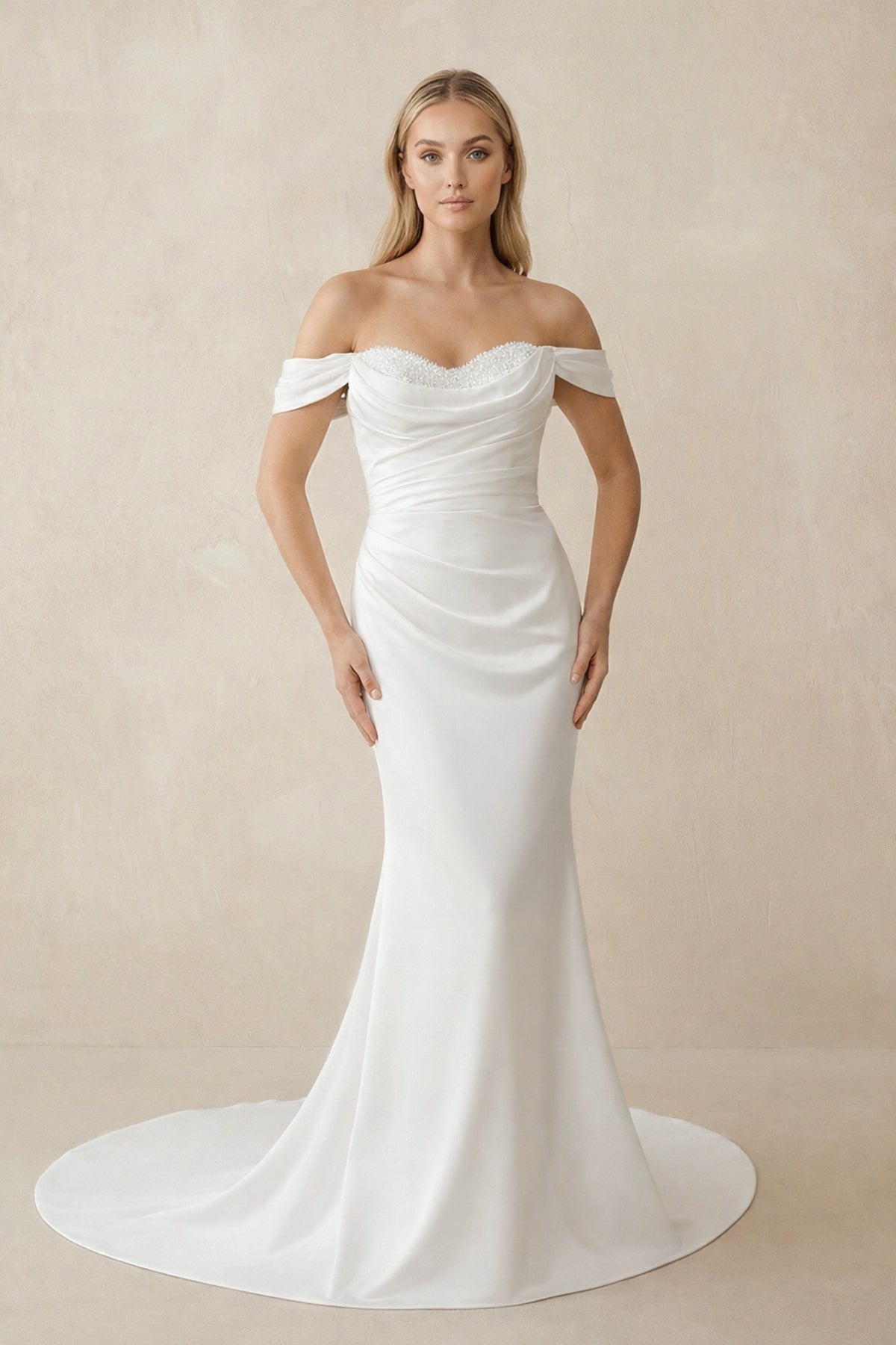 Mermaid Pearls Off - the - Shoulder Wedding Dress in White - SHE IS ME Wedding Dresses