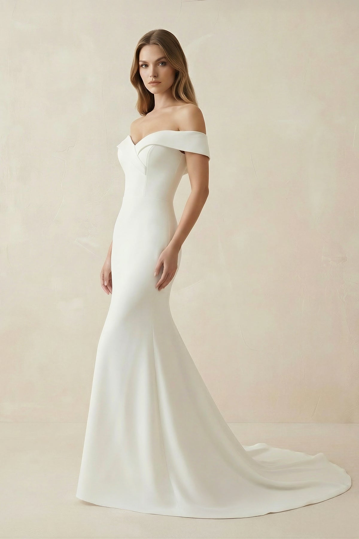 Mermaid Satin Off The Shoulder Wedding Dress in White - SHE IS ME Wedding Dresses