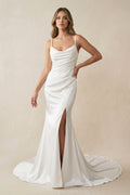Mermaid Satin Ruched Cowl Neck Wedding Dress with Slit in White - SHE IS ME Wedding Dresses