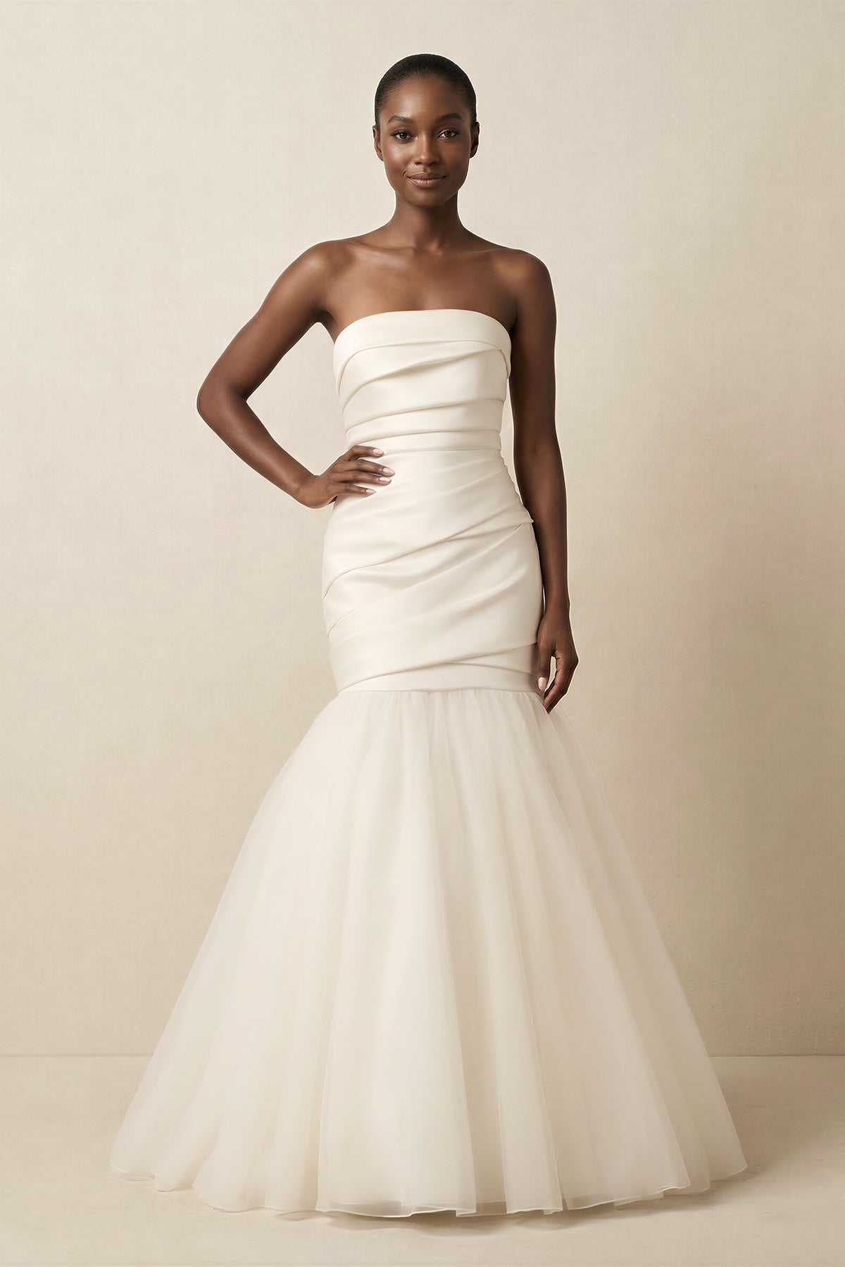 Mermaid Satin Strapless Pleated Wedding Dress in White - SHE IS ME Wedding Dresses