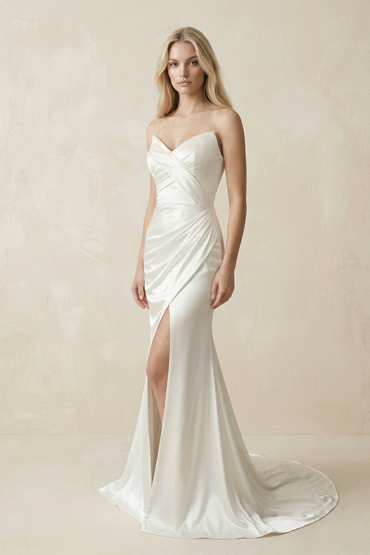 Mermaid Satin Sweetheart Mermaid Wedding Dress With Slit in White - SHE IS ME Wedding Dresses