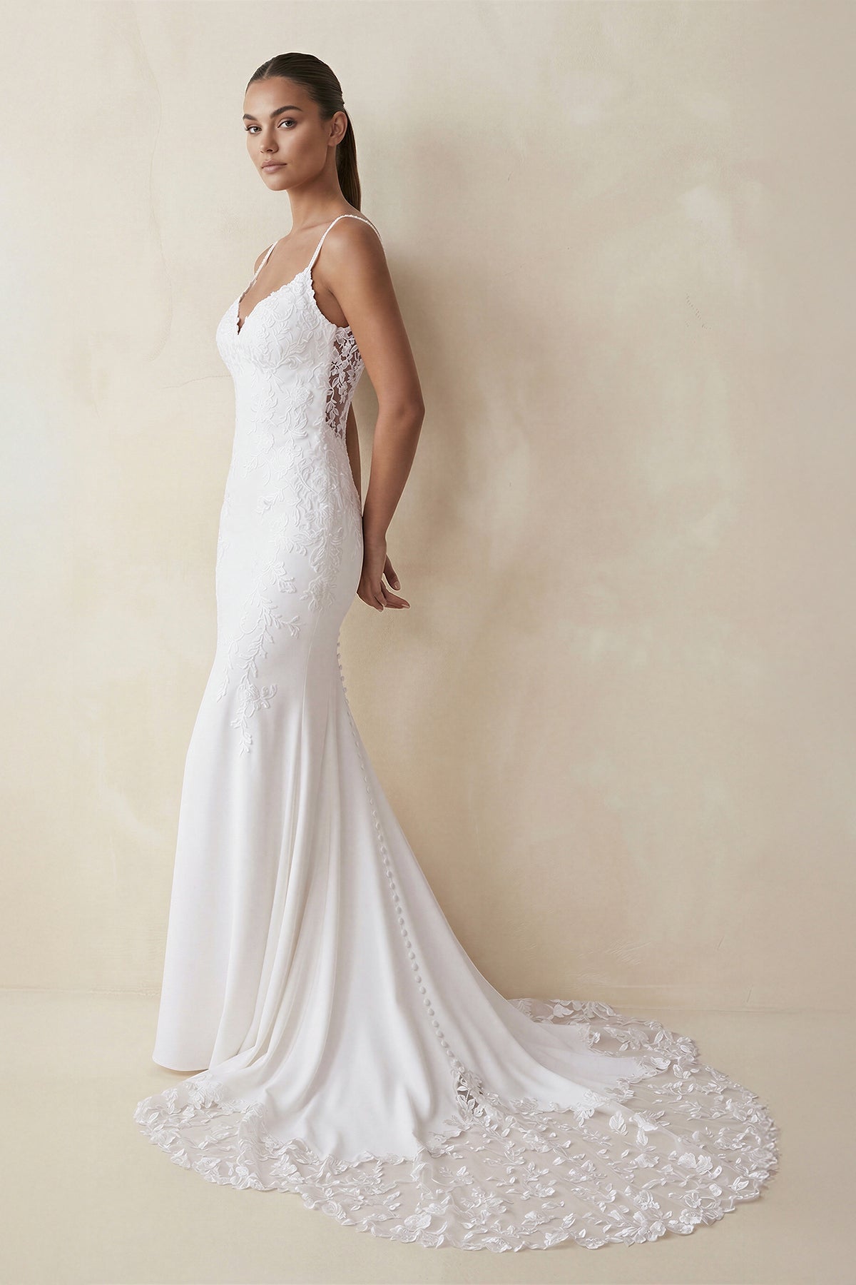 Mermaid Spaghetti Straps Lace Open Back Wedding Dress in White - SHE IS ME Wedding Dresses