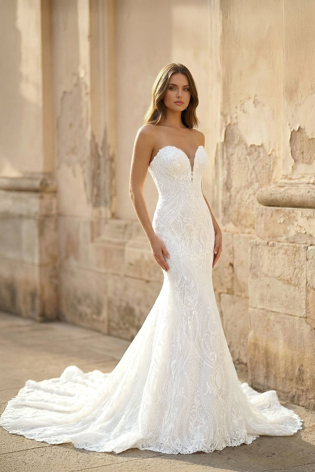 Mermaid Strapless Lace Wedding Dress in Ivory - SHE IS ME Wedding Dresses