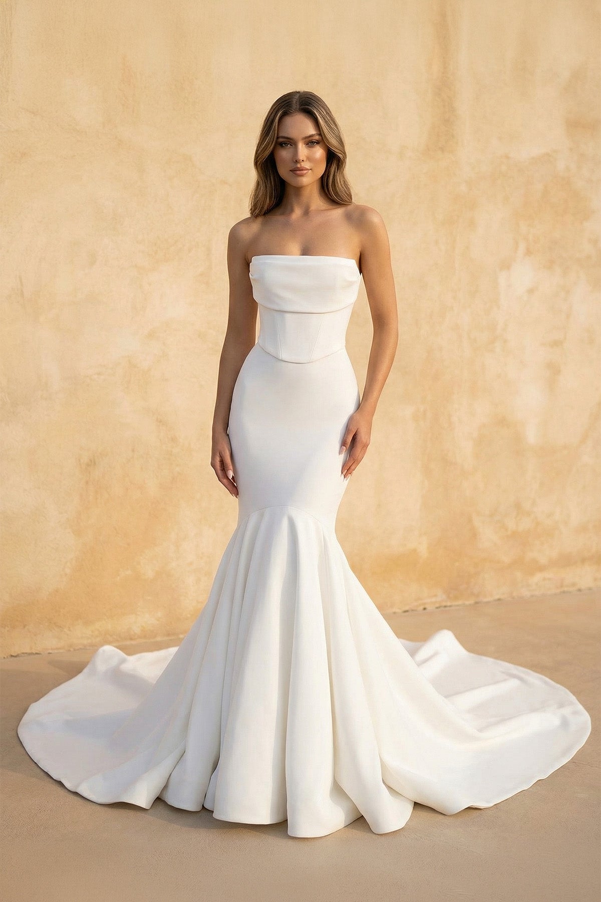 Mermaid Strapless Satin Wedding Dress in White - SHE IS ME Wedding Dresses