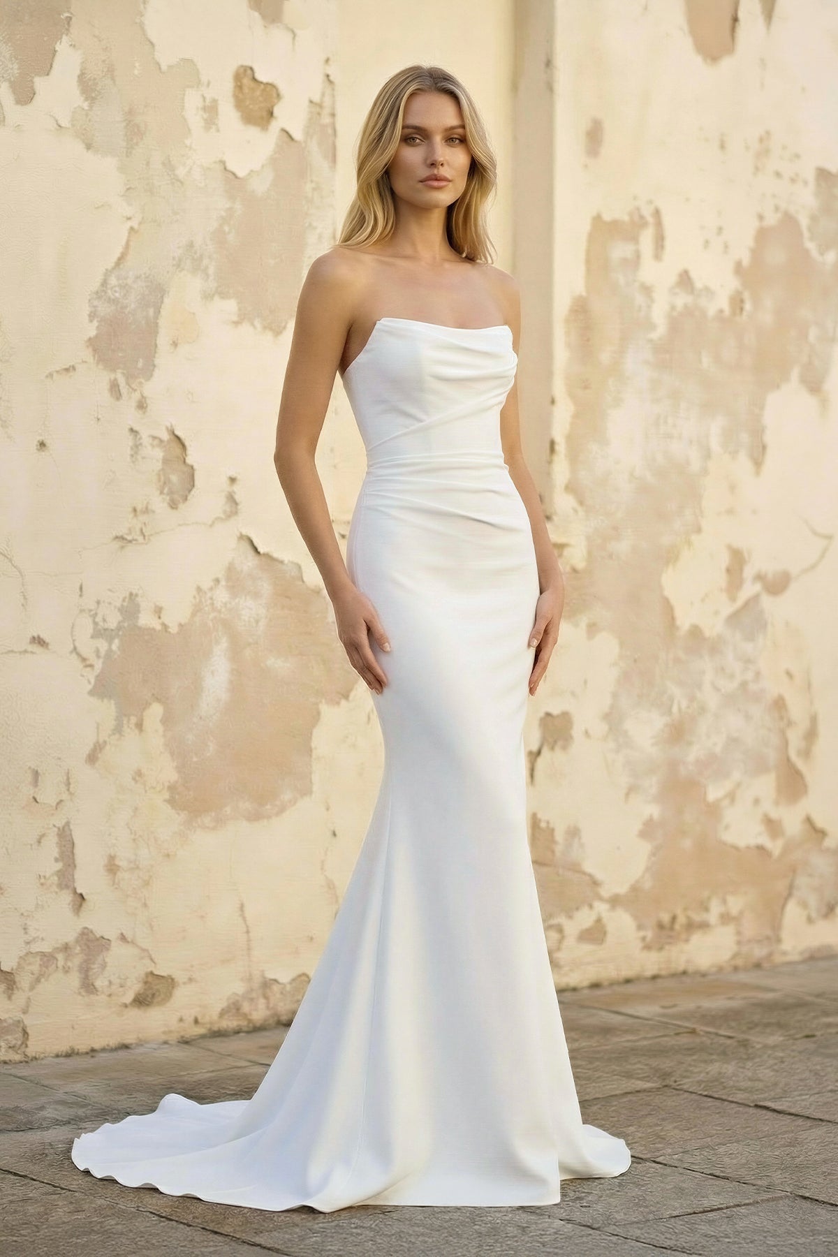Mermaid Strapless Satin Wedding Dress in White - SHE IS ME Wedding Dresses