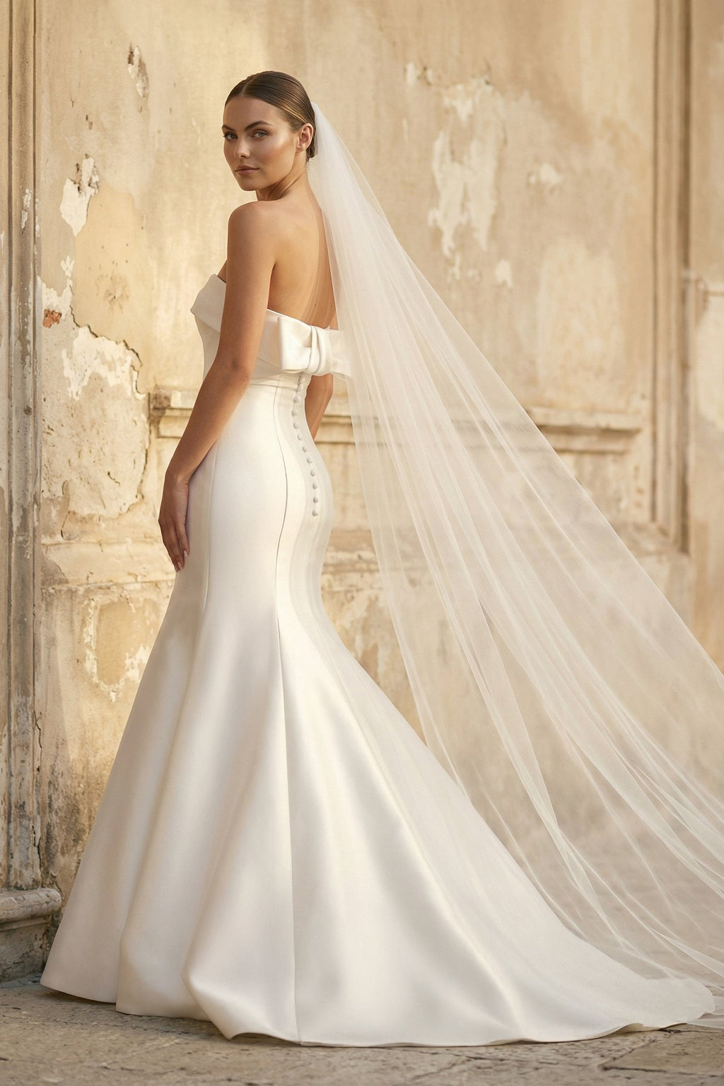 Mermaid Strapless Satin Wedding Dress With Bow in White - SHE IS ME Wedding Dresses
