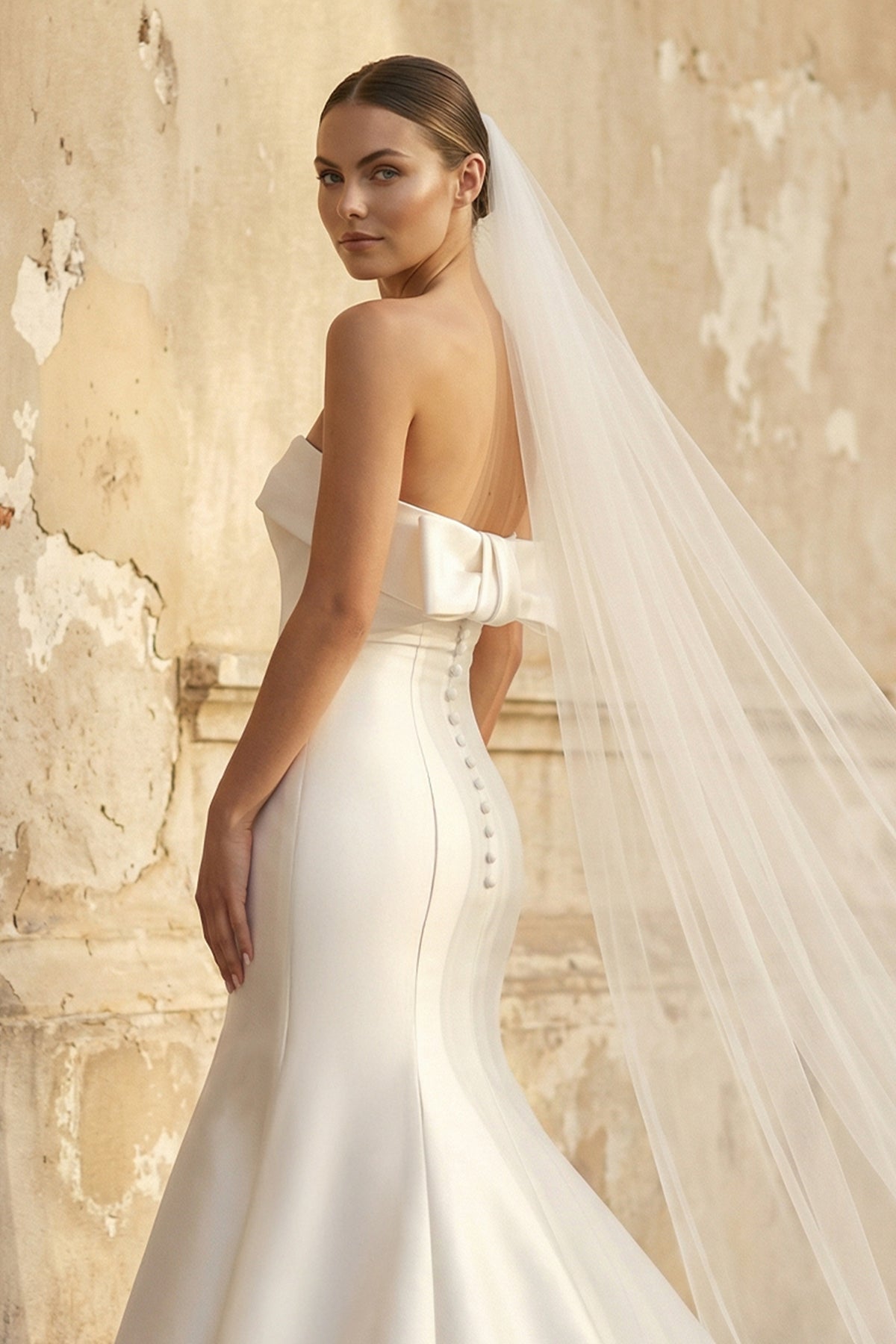 Mermaid Strapless Satin Wedding Dress With Bow in White - SHE IS ME Wedding Dresses