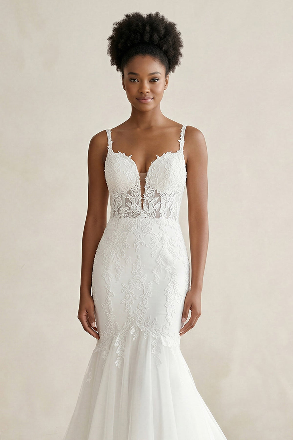 Mermaid Tulle Appliqued Cami Strap Corset Wedding Dress in White - SHE IS ME Wedding Dresses