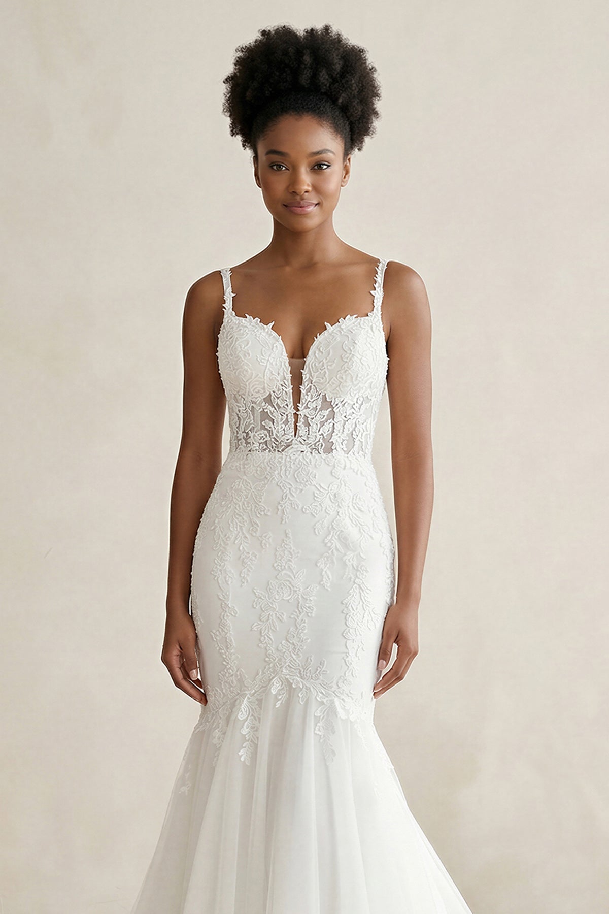 Mermaid Tulle Appliqued Cami Strap Corset Wedding Dress in White - SHE IS ME Wedding Dresses