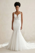 Mermaid Tulle Appliqued Cami Strap Corset Wedding Dress in White - SHE IS ME Wedding Dresses