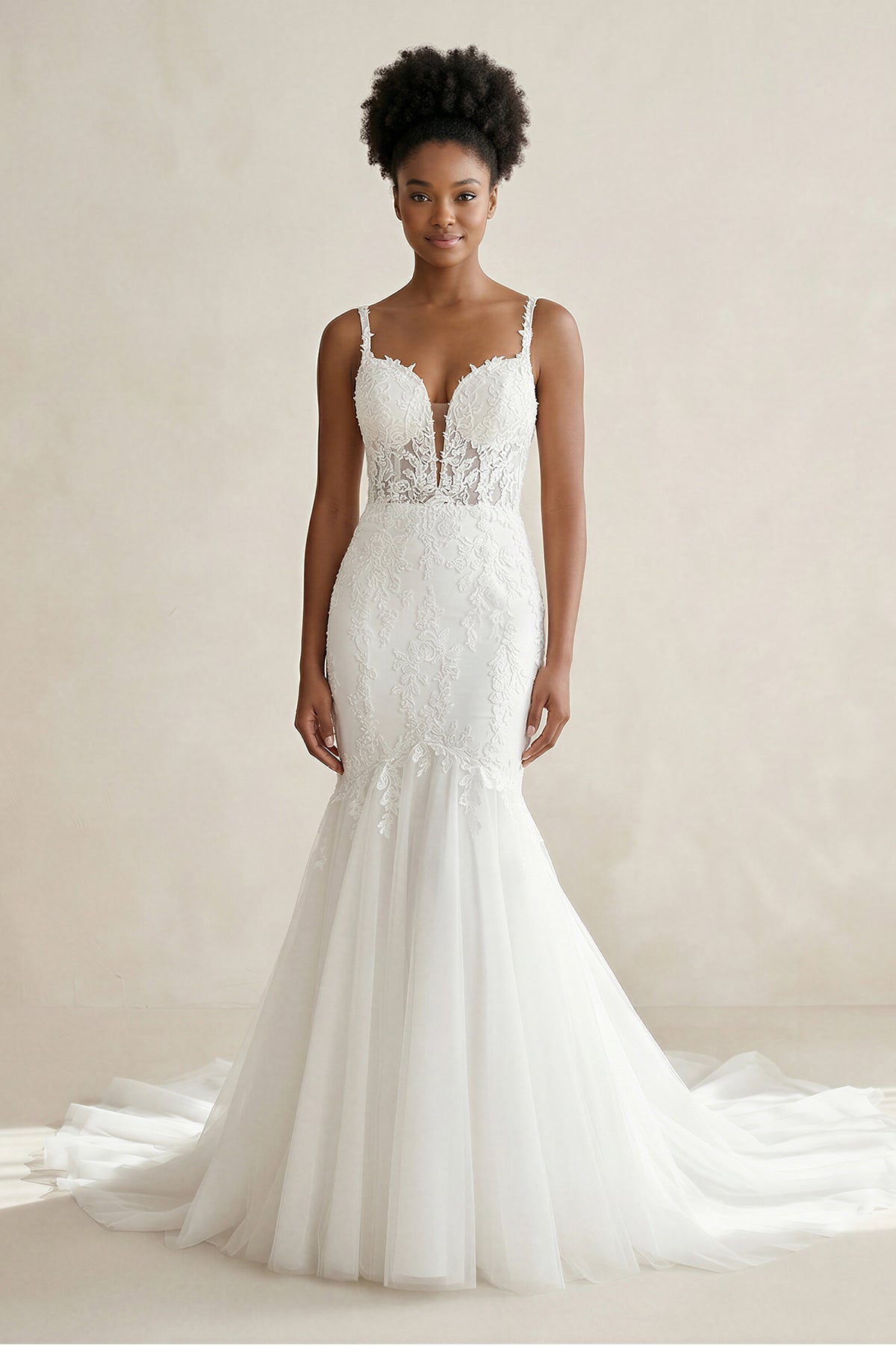 Mermaid Tulle Appliqued Cami Strap Corset Wedding Dress in White - SHE IS ME Wedding Dresses