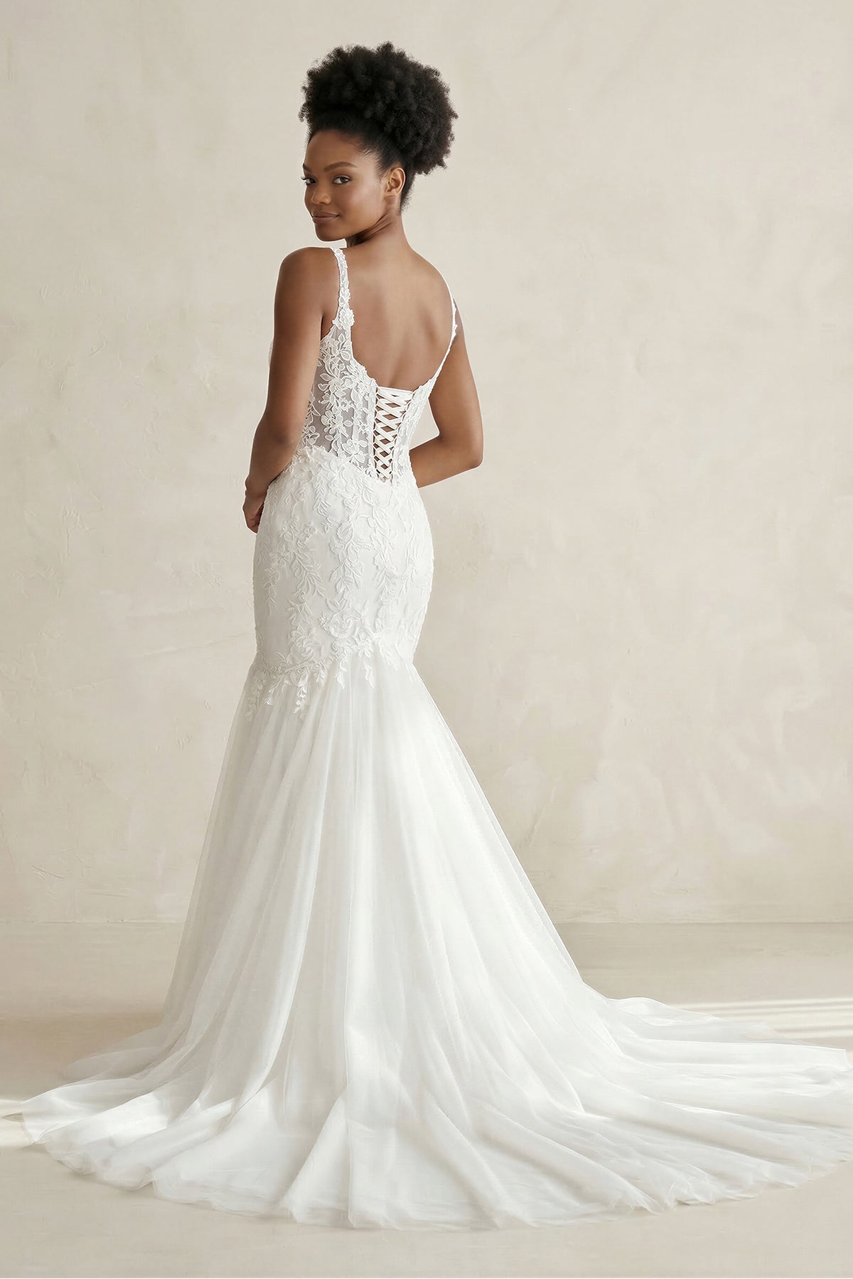 Mermaid Tulle Appliqued Cami Strap Corset Wedding Dress in White - SHE IS ME Wedding Dresses