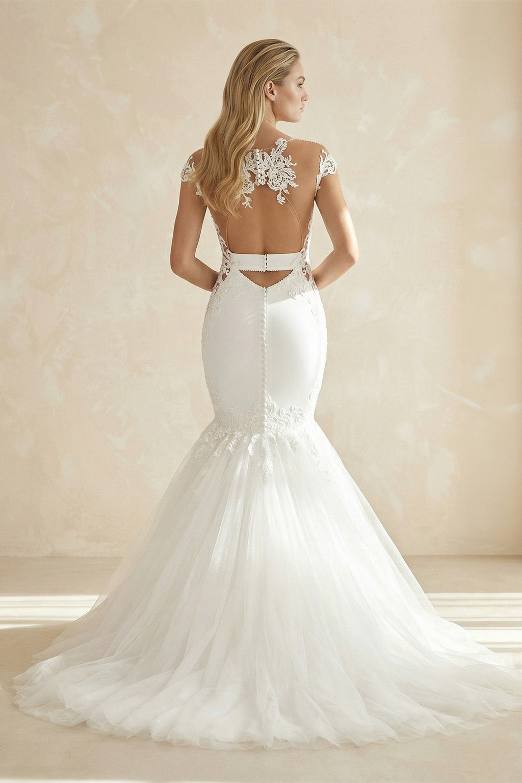 Mermaid Tulle Appliqued Off - the - Shoulder Wedding Dress in White - SHE IS ME Wedding Dresses