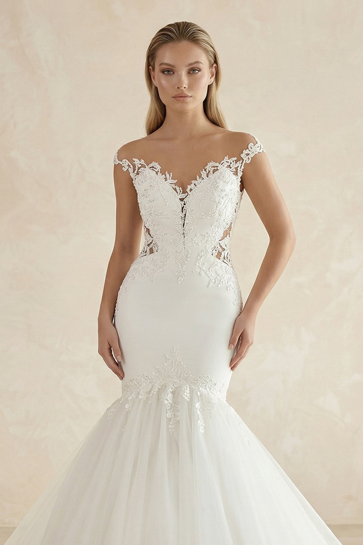 Mermaid Tulle Appliqued Off - the - Shoulder Wedding Dress in White - SHE IS ME Wedding Dresses