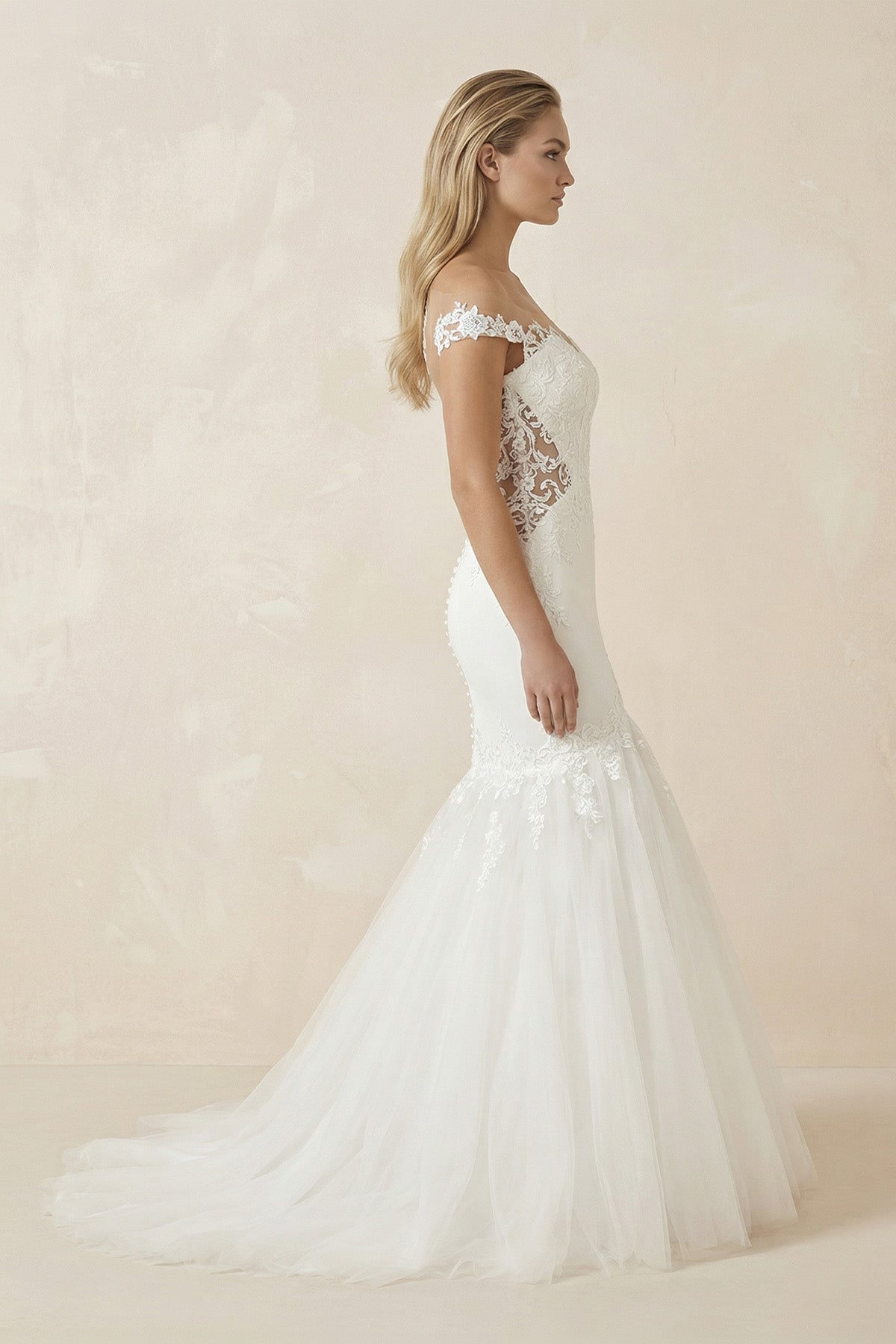 Mermaid Tulle Appliqued Off - the - Shoulder Wedding Dress in White - SHE IS ME Wedding Dresses