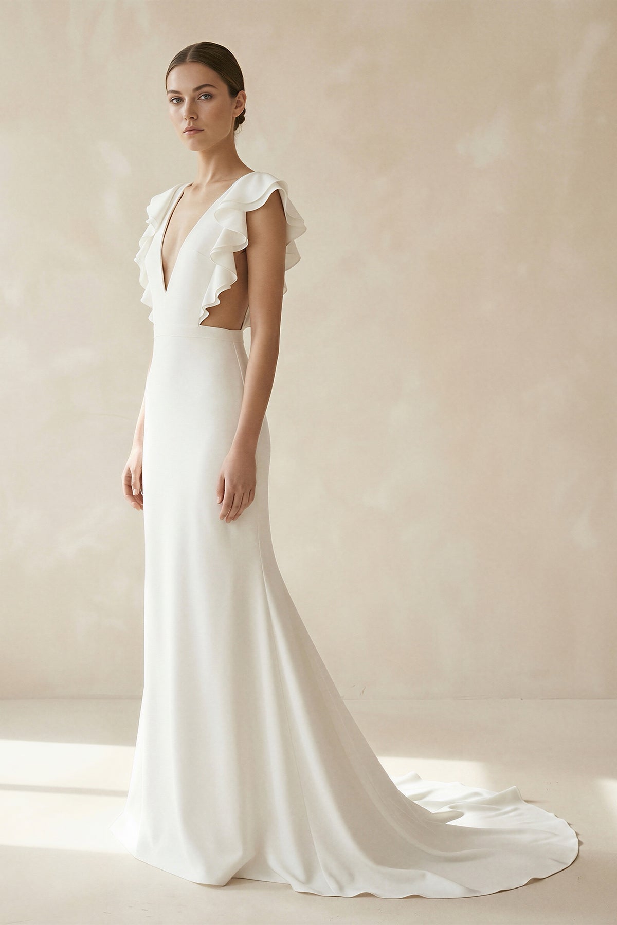 Mermaid V Neck Cap Sleeves Satin Wedding Dress in Ivory - SHE IS ME Wedding Dresses