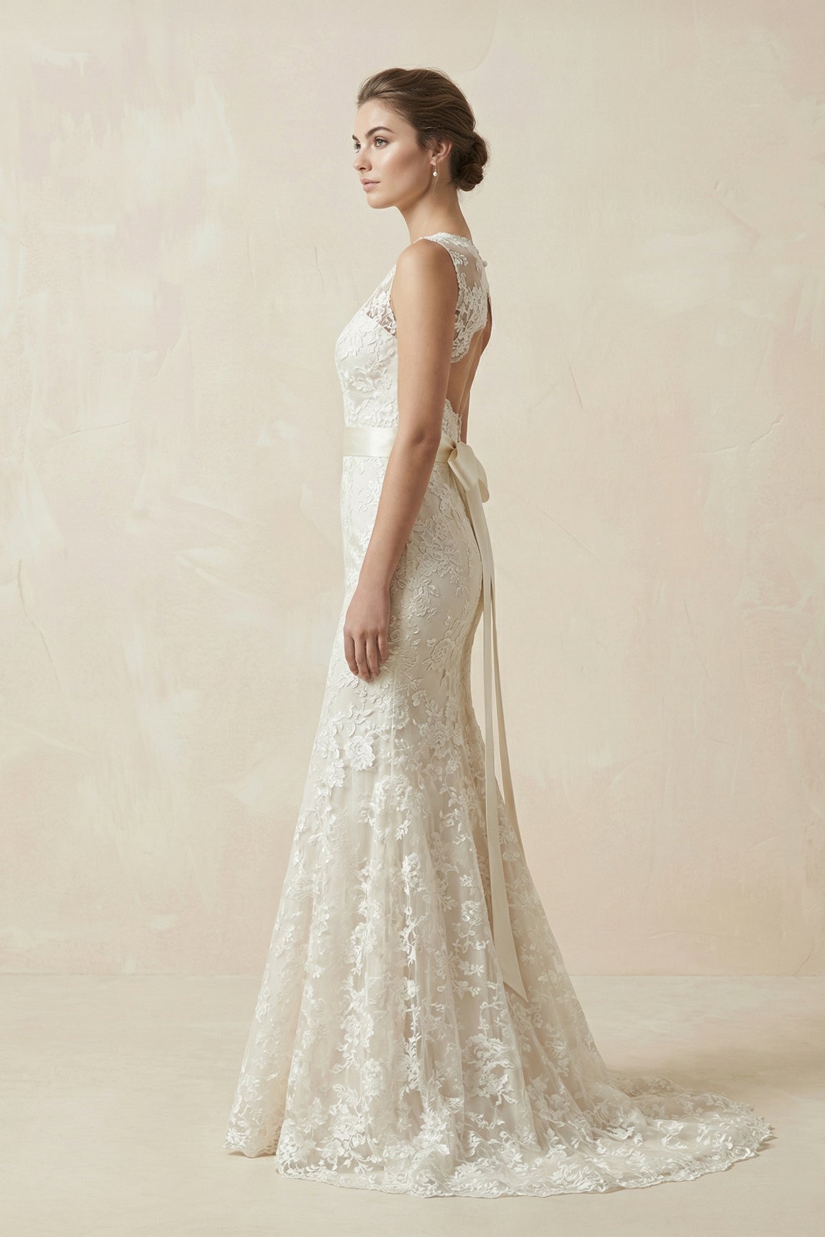 Mermaid V Neck Lace Open Back Wedding Dress in White and Nude - SHE IS ME Wedding Dresses