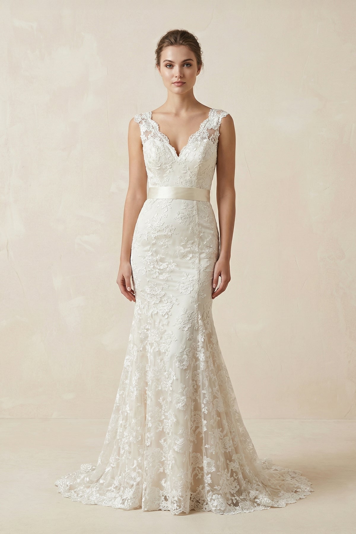 Mermaid V Neck Lace Open Back Wedding Dress in White and Nude - SHE IS ME Wedding Dresses