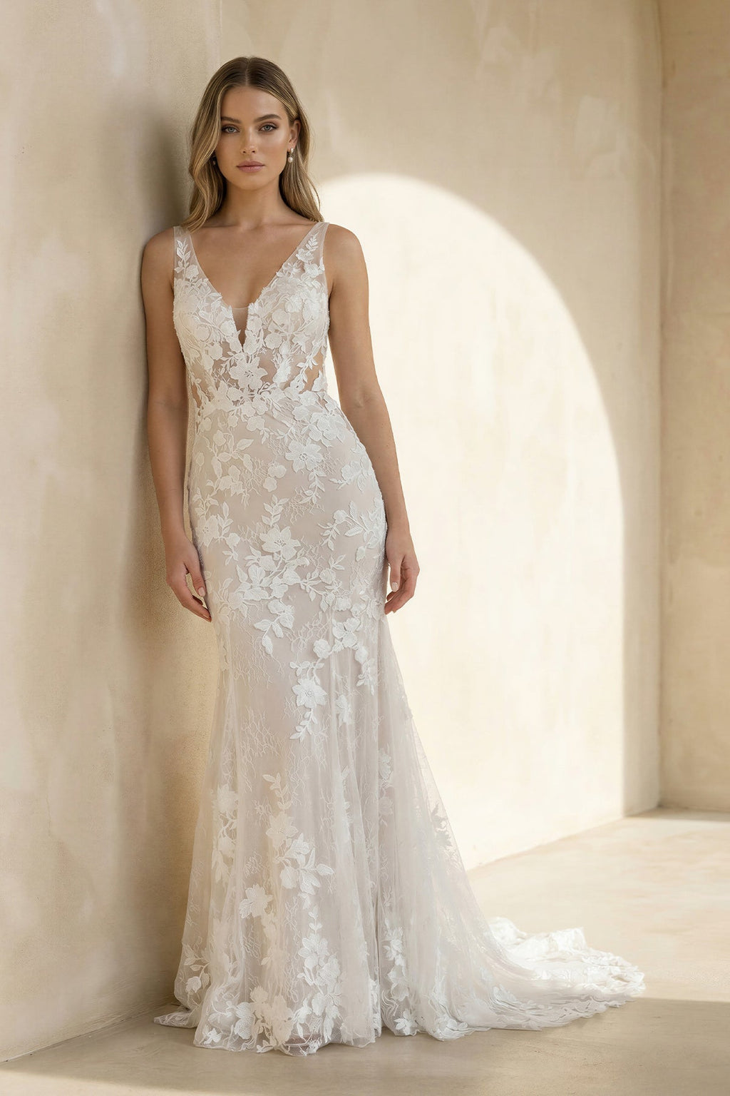 Mermaid V Neck Lace Wedding Dress in White and Nude - SHE IS ME Wedding Dresses