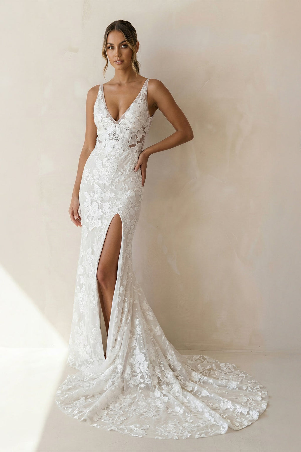 Mermaid V Neck Lace Wedding Dresses with Slit in White - SHE IS ME Wedding Dresses