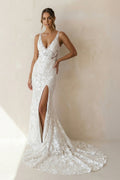 Mermaid V Neck Lace Wedding Dresses with Slit in White - SHE IS ME Wedding Dresses
