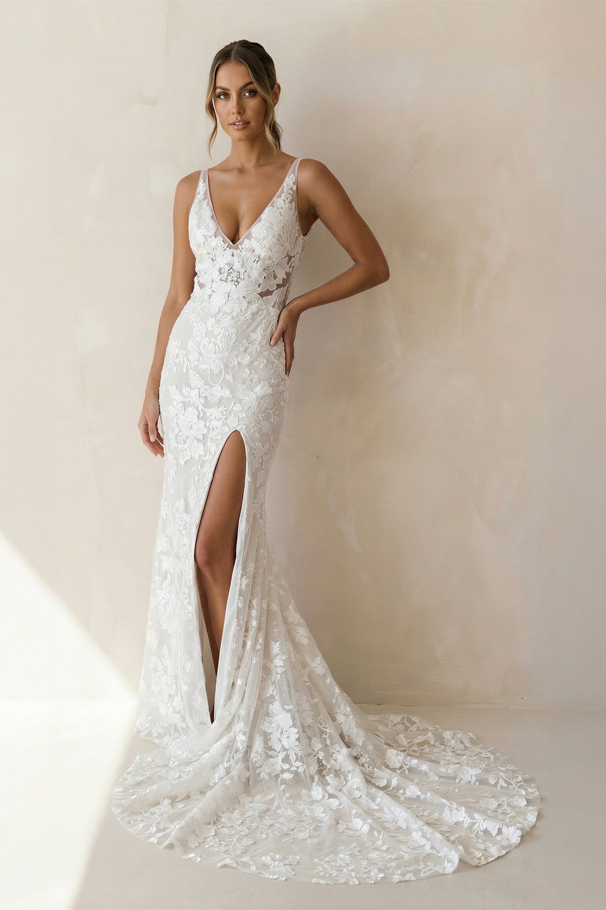 Mermaid V Neck Lace Wedding Dresses with Slit in White - SHE IS ME Wedding Dresses