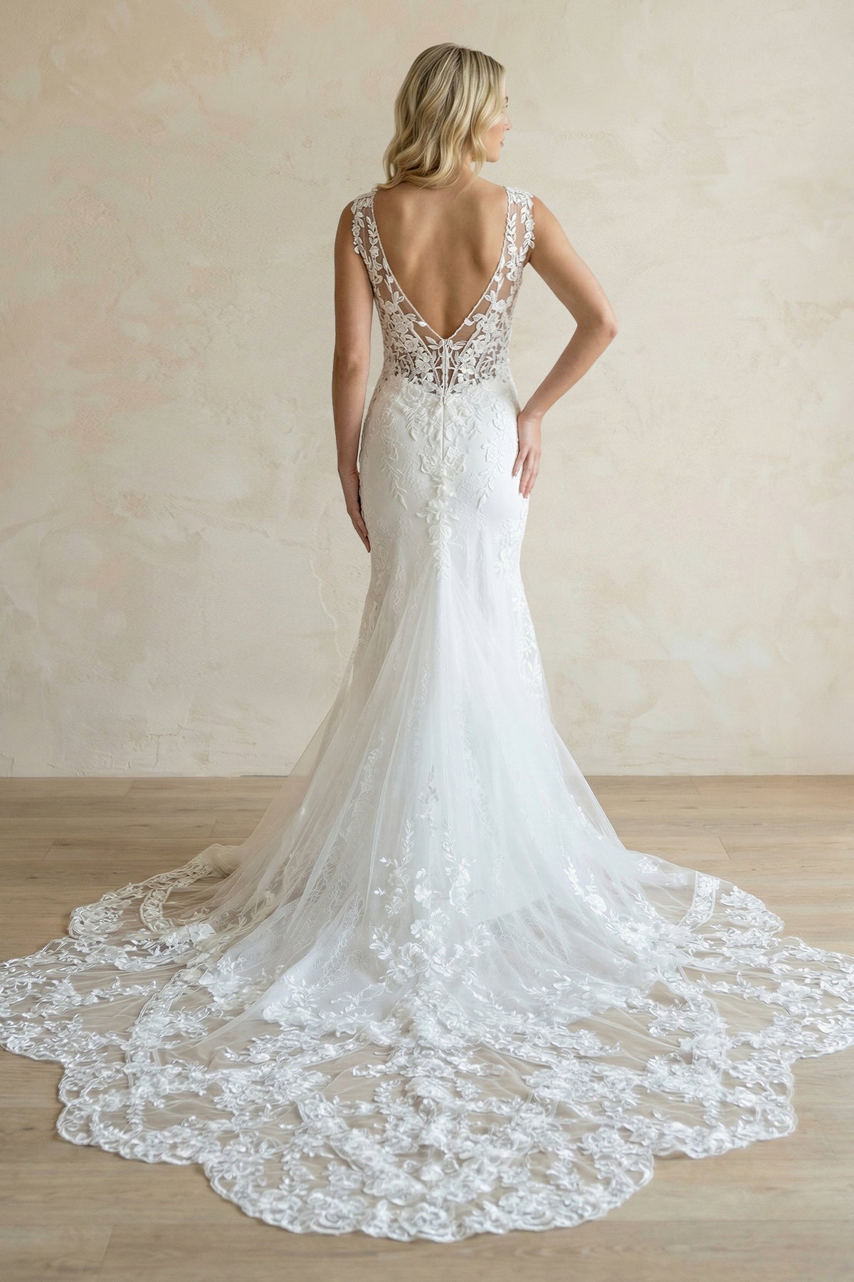 Mermaid V - Neck Long Sleeves Wedding Dress in White - SHE IS ME Wedding Dresses