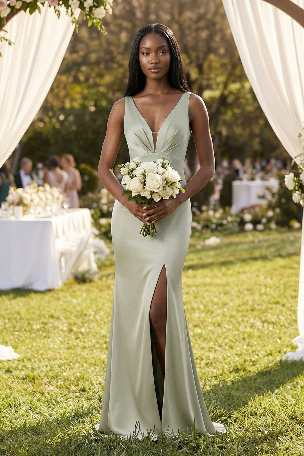 Mermaid V - Neck Satin Bridesmaid Dress With Slit in Frost - SHE IS ME Bridesmaid Dresses