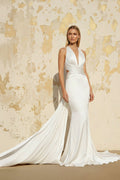Mermaid V Neck Satin Wedding Dress in White - SHE IS ME Wedding Dresses