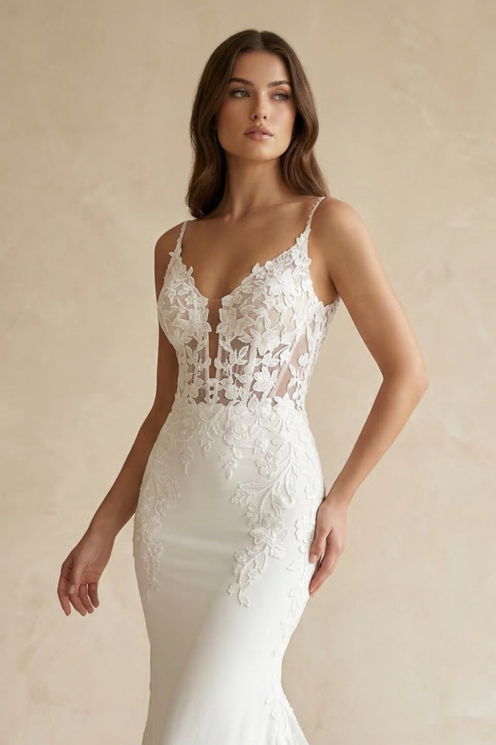 Mermaid V Neck Satin Wedding Dress With Appliques in White - SHE IS ME Wedding Dresses