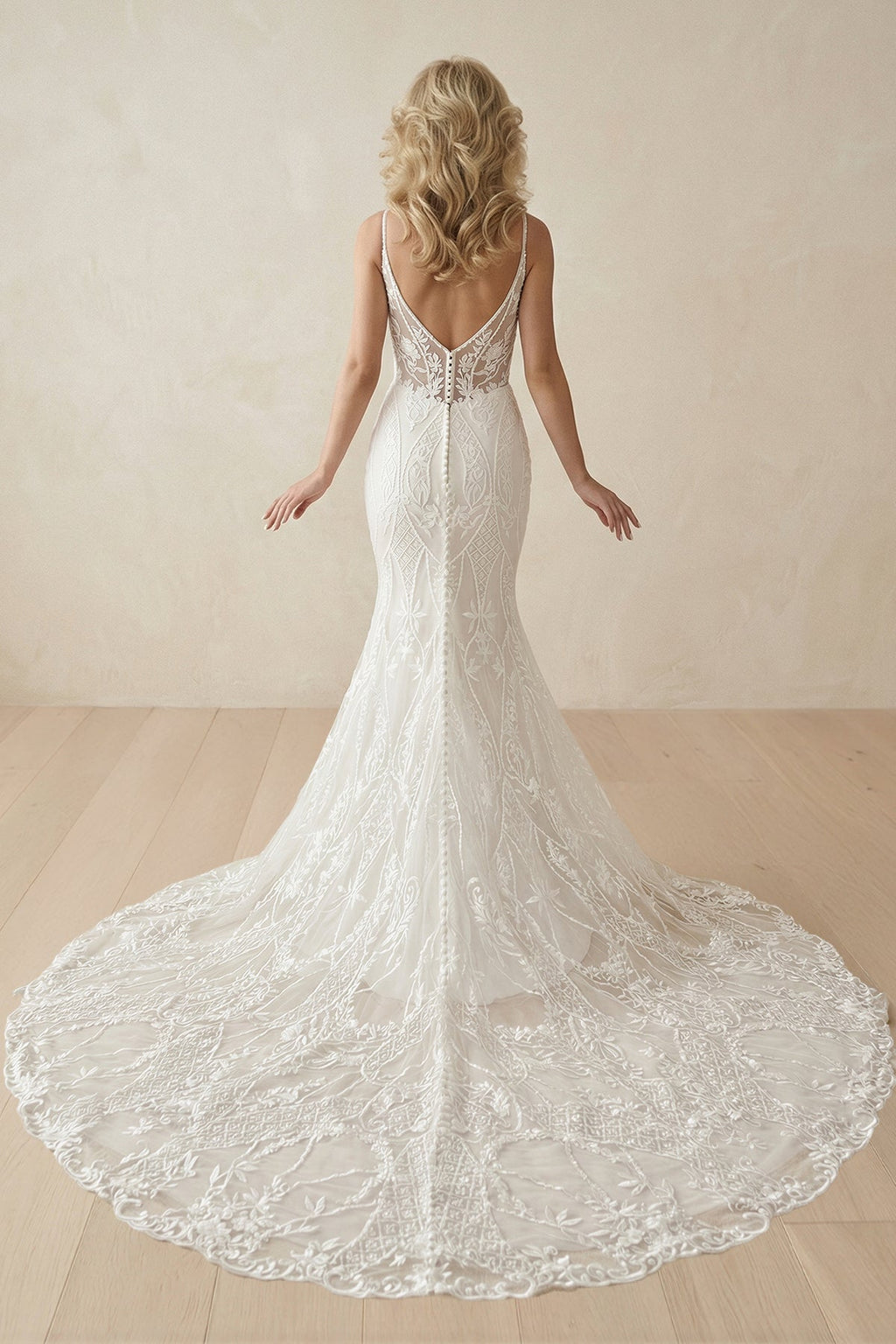 Mermaid V - Neck Spaghetti Straps Sweep Train Wedding Dress - SHE IS ME Wedding Dresses
