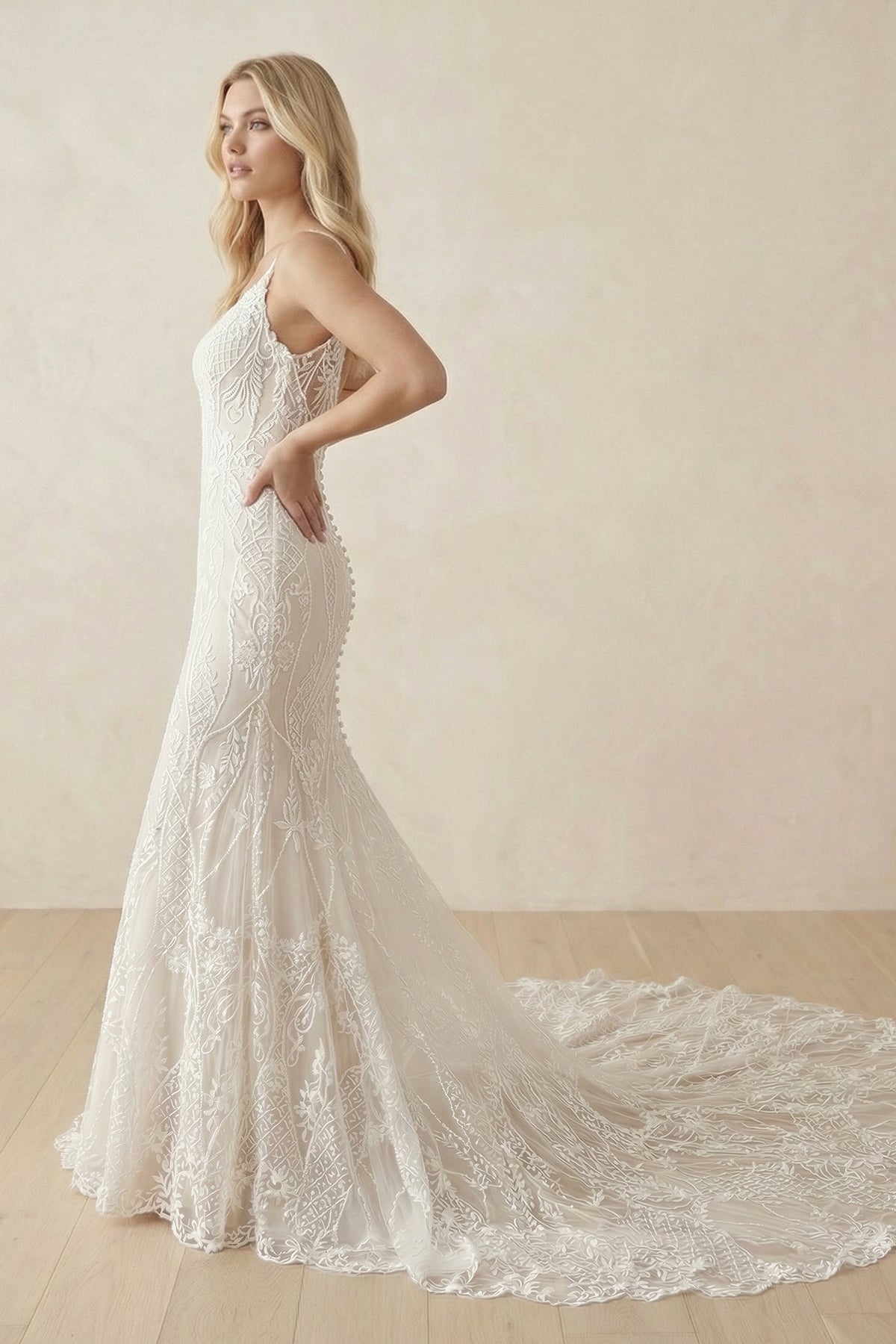 Mermaid V - Neck Spaghetti Straps Sweep Train Wedding Dress - SHE IS ME Wedding Dresses