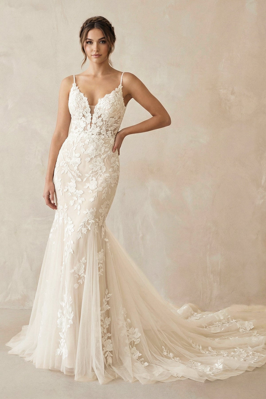 Mermaid V Neck Tulle Wedding Dresses with Appliques in Ivory - SHE IS ME Wedding Dresses