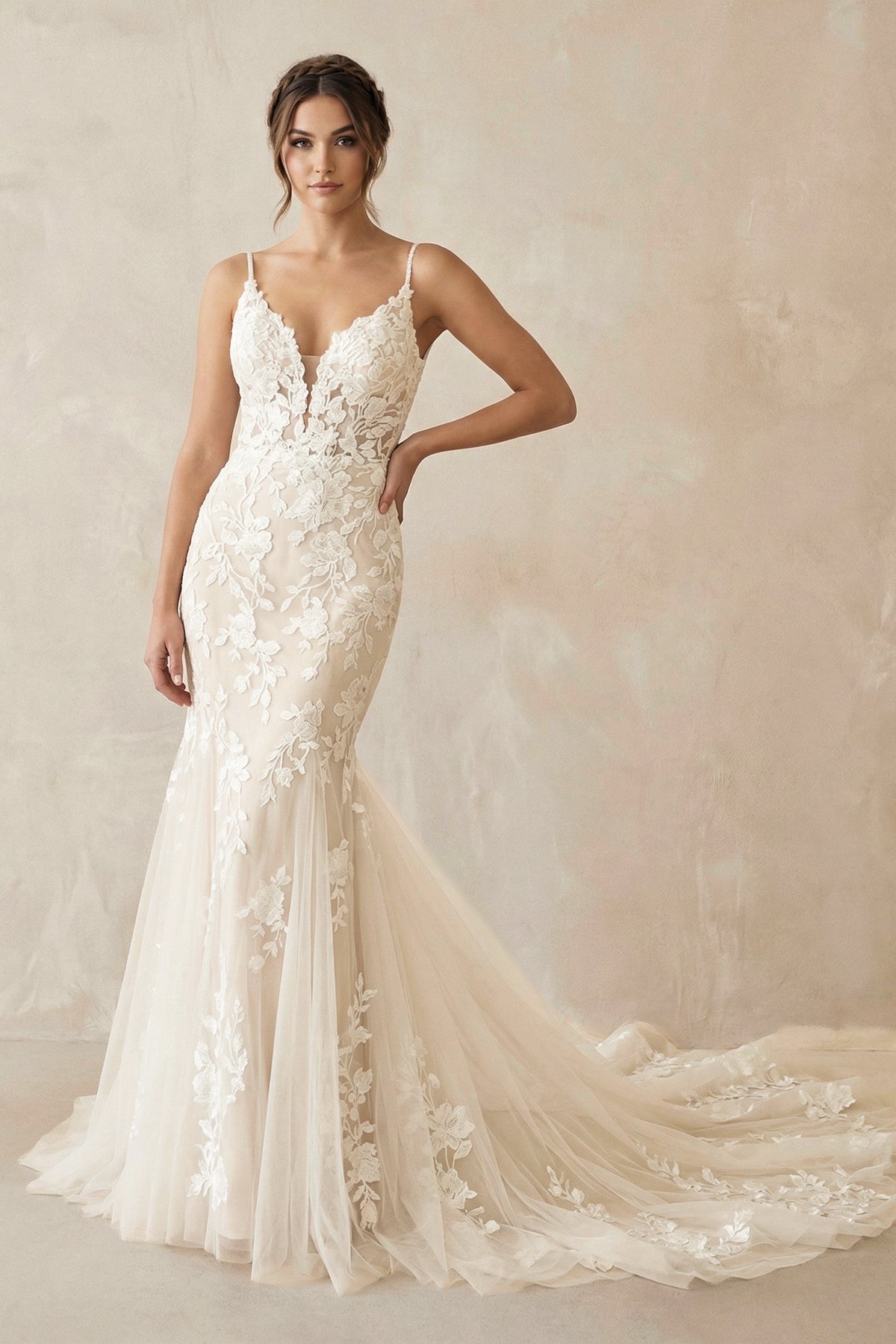 Mermaid V Neck Tulle Wedding Dresses with Appliques in Ivory - SHE IS ME Wedding Dresses