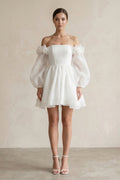 Off - the - Shoulder 3D - Flower Chiffon Long Sleeve Wedding Dress in Ivory - SHE IS ME Wedding Dresses