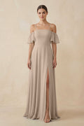 Off - the - Shoulder A - Line Chiffon Bridesmaid Dress in Almond - SHE IS ME Bridesmaid Dresses