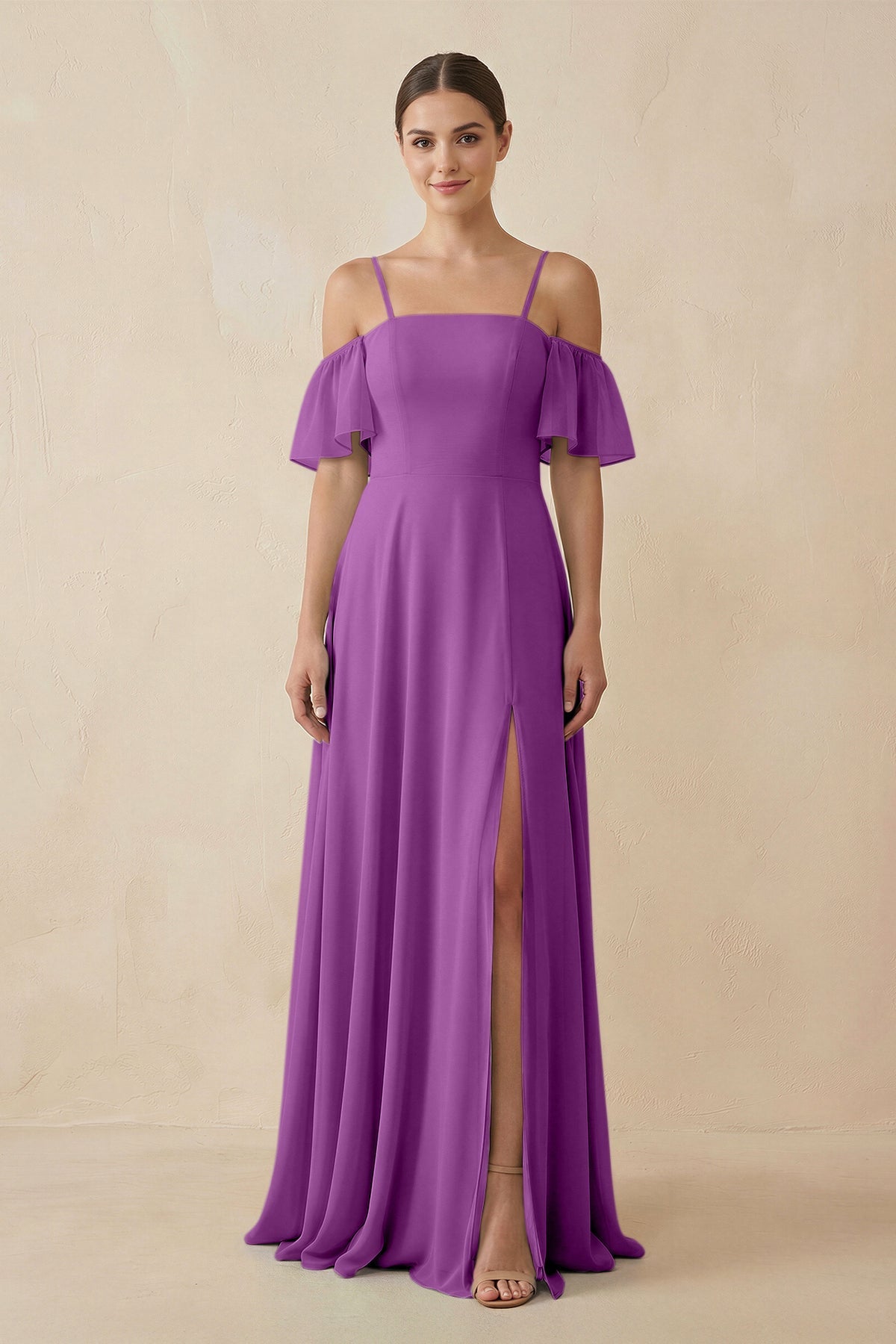 Off - the - Shoulder A - Line Chiffon Bridesmaid Dress in Amethyst - SHE IS ME Bridesmaid Dresses