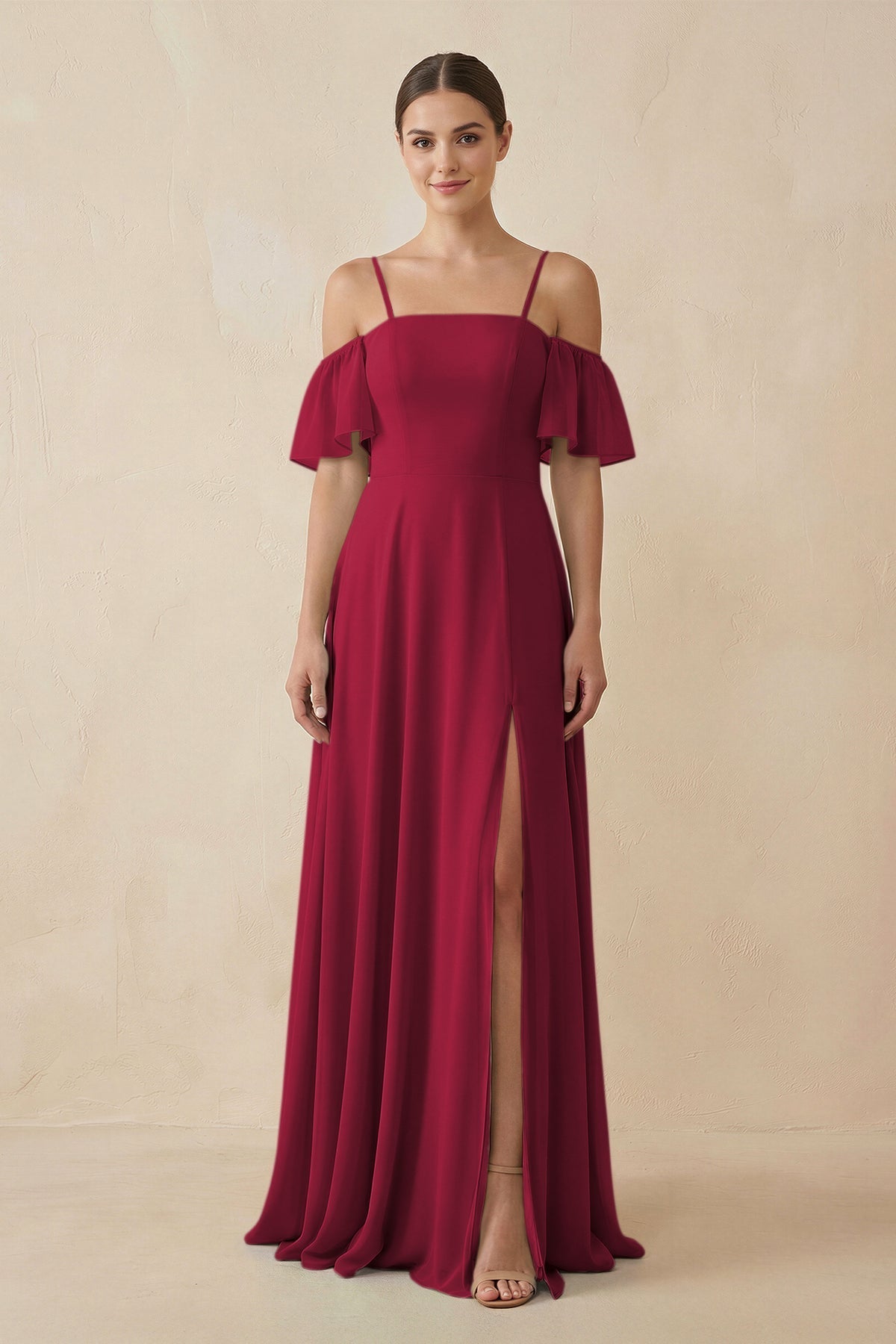 Off - the - Shoulder A - Line Chiffon Bridesmaid Dress in Berry - SHE IS ME Bridesmaid Dresses