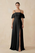 Off - the - Shoulder A - Line Chiffon Bridesmaid Dress in Black - SHE IS ME Bridesmaid Dresses