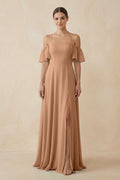 Off - the - Shoulder A - Line Chiffon Bridesmaid Dress in Bronzer - SHE IS ME Bridesmaid Dresses