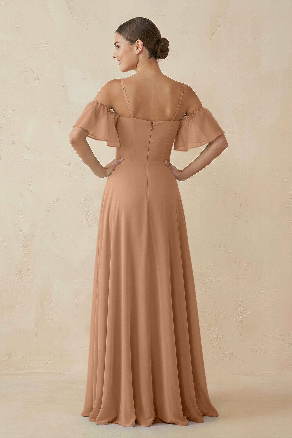 Off - the - Shoulder A - Line Chiffon Bridesmaid Dress in Bronzer - SHE IS ME Bridesmaid Dresses