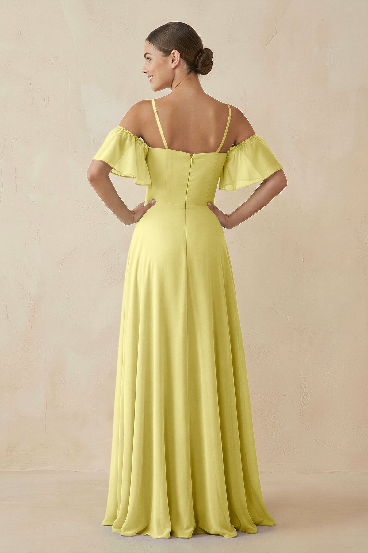 Off - the - Shoulder A - Line Chiffon Bridesmaid Dress in Buttercup - SHE IS ME Bridesmaid Dresses
