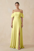 Off - the - Shoulder A - Line Chiffon Bridesmaid Dress in Buttercup - SHE IS ME Bridesmaid Dresses