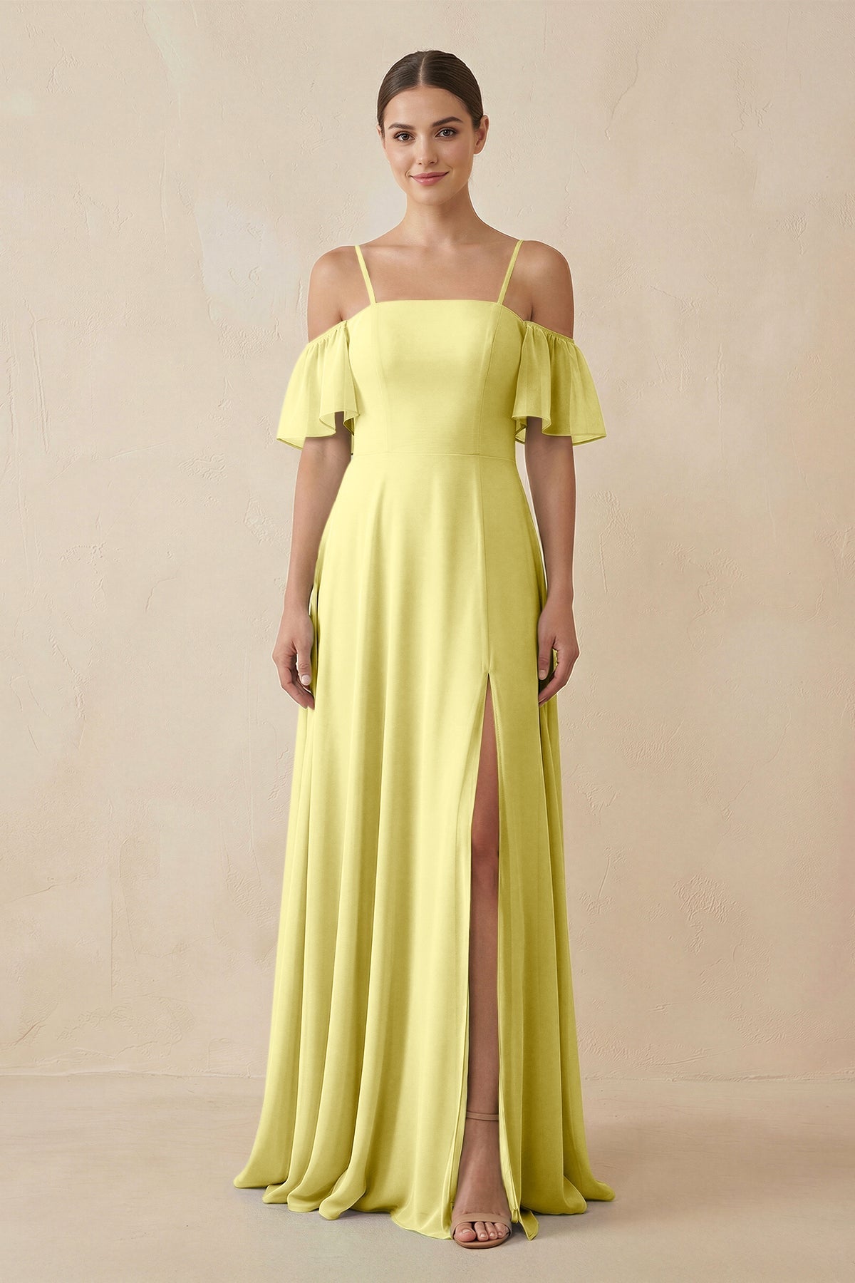 Off - the - Shoulder A - Line Chiffon Bridesmaid Dress in Buttercup - SHE IS ME Bridesmaid Dresses